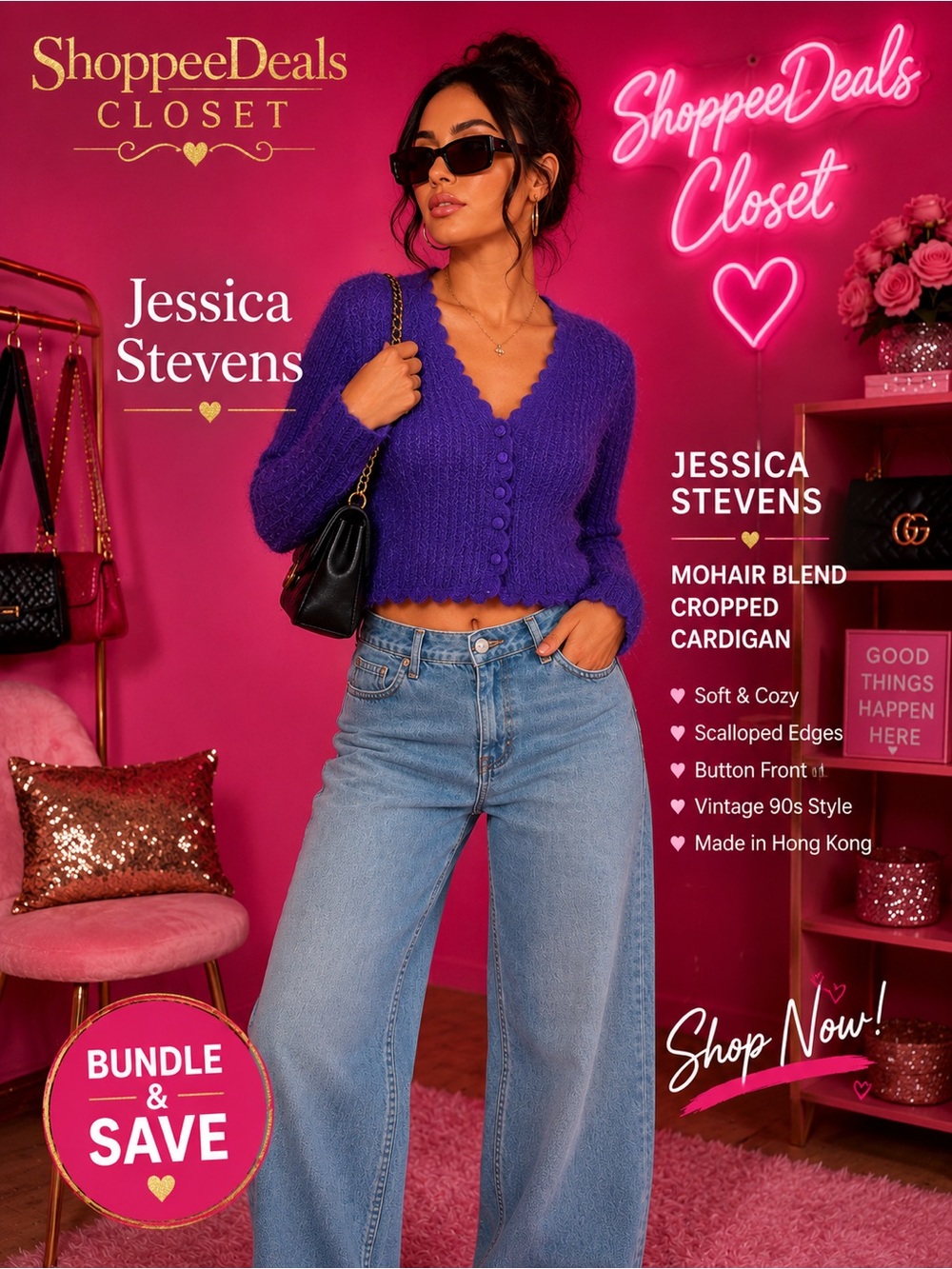 Vintage 90s Jessica Stevens Purple Mohair Wool Cropped Cardigan Sweater L